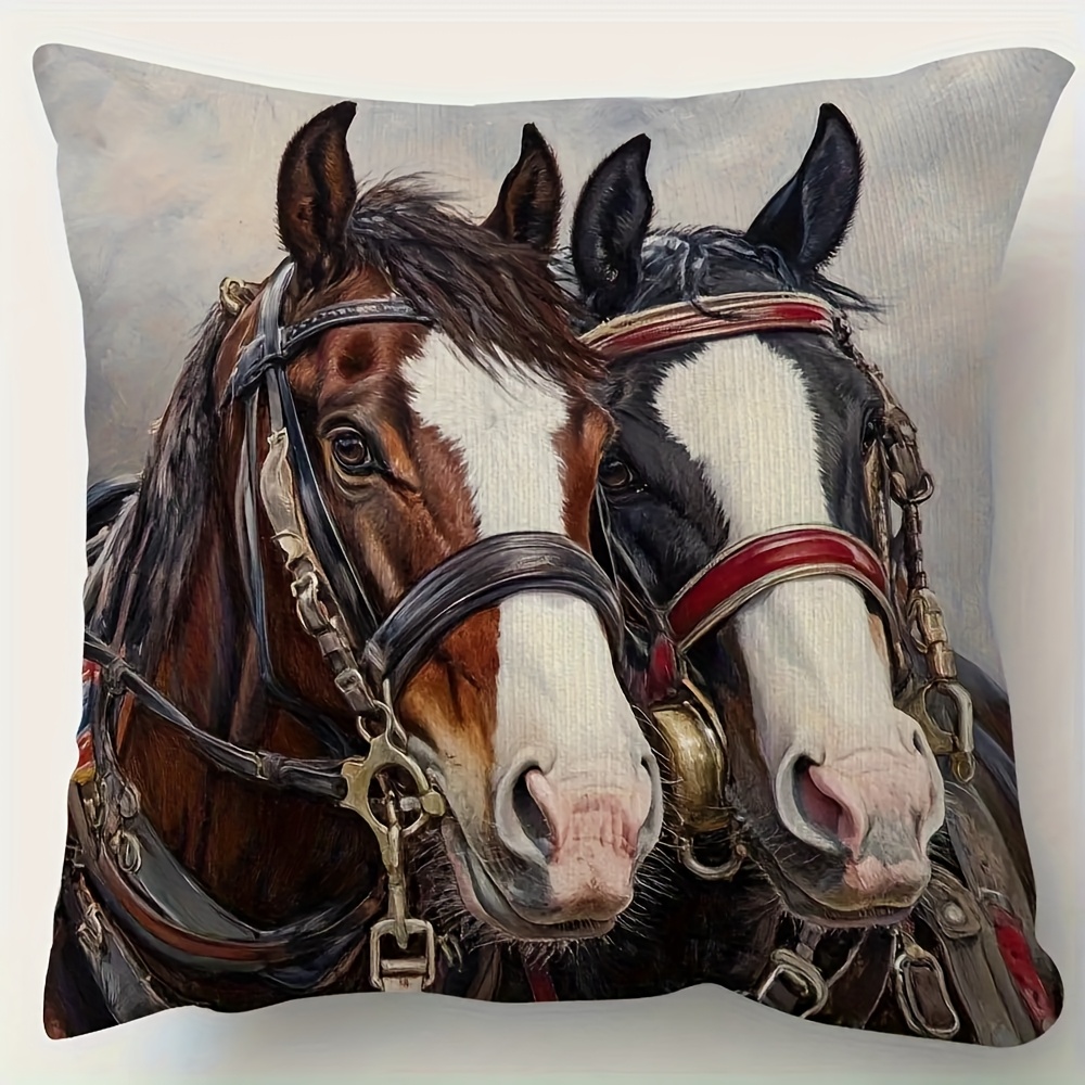 TEMU 1pc Scottish (clydesdale) Decorative Pillow Cover - Featuring A Realistic Horse Head And Tack Pattern, Zip Closure, Made Of Soft And Smooth