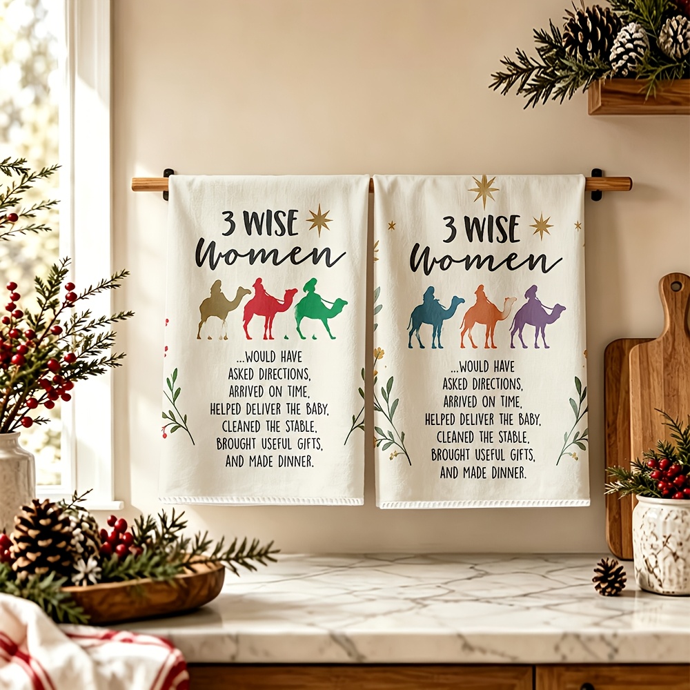 TEMU 2pcs Christmas Kitchen Towels, Fun 3 Camel Floral Pattern, Housewarming Gift Holiday Table Decoration, Suitable For Bathroom Decor Cleaning And