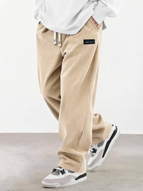 mens spring autumn corduroy casual trousers solid color with drawstring pockets lightweight soft breathable loose straight leg with elastic waist ultra versatile daily leisure and travel