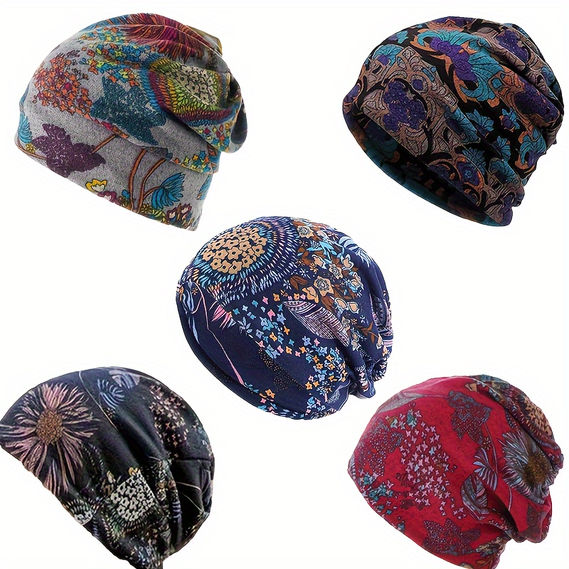 

5pcs/set Flower Printed Pee Wee Hat, Men's And Women' Brimless Knit Hat, Multi-functional Neck Cover, Warm Stretchy Chemo Hat For Fall And Winter, Ideal Gift For All