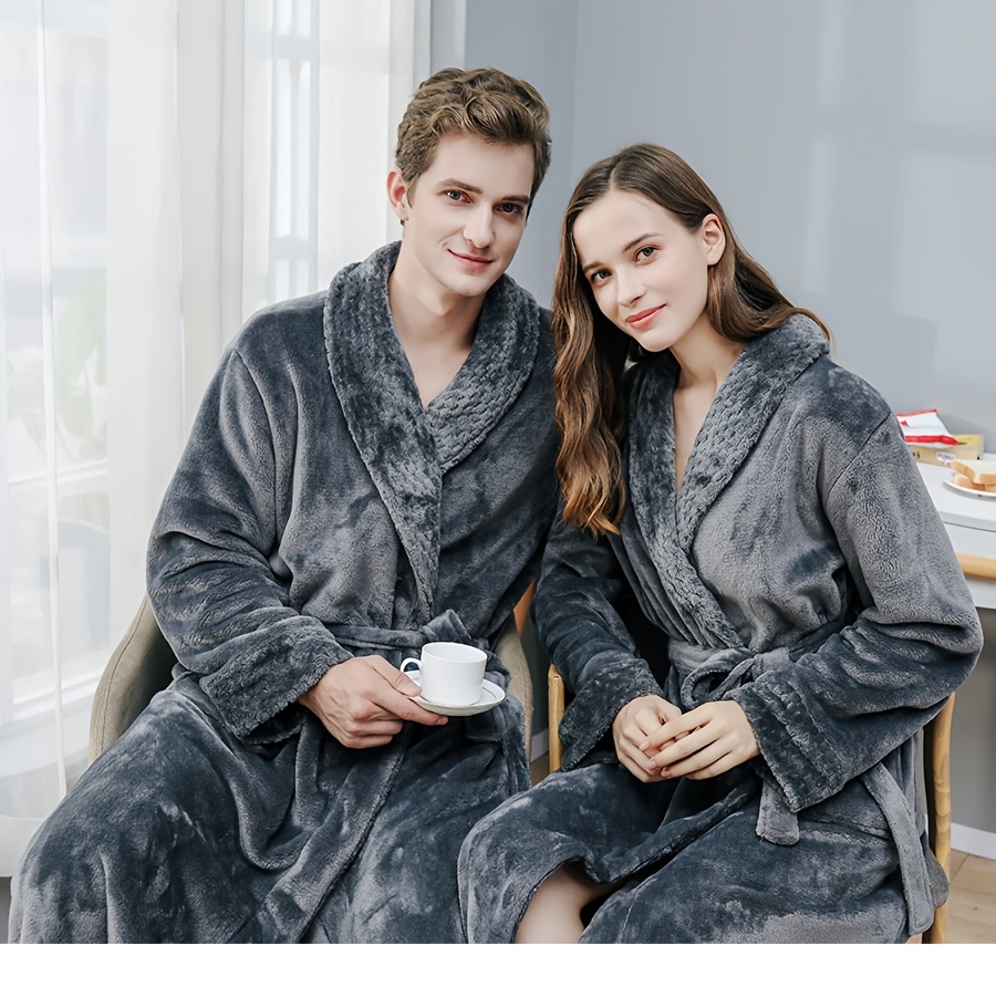1pc Bathrobe Women or Men Plus Size for Winter & Spring & Autumn, No Hooded, Grey, Long, Flip Collar, Plush Robe for Bathroom, Bedroom, Thicken Flannel Towel for Shower, Sleepwear Gown, Can As Couple Home Clothes Robes