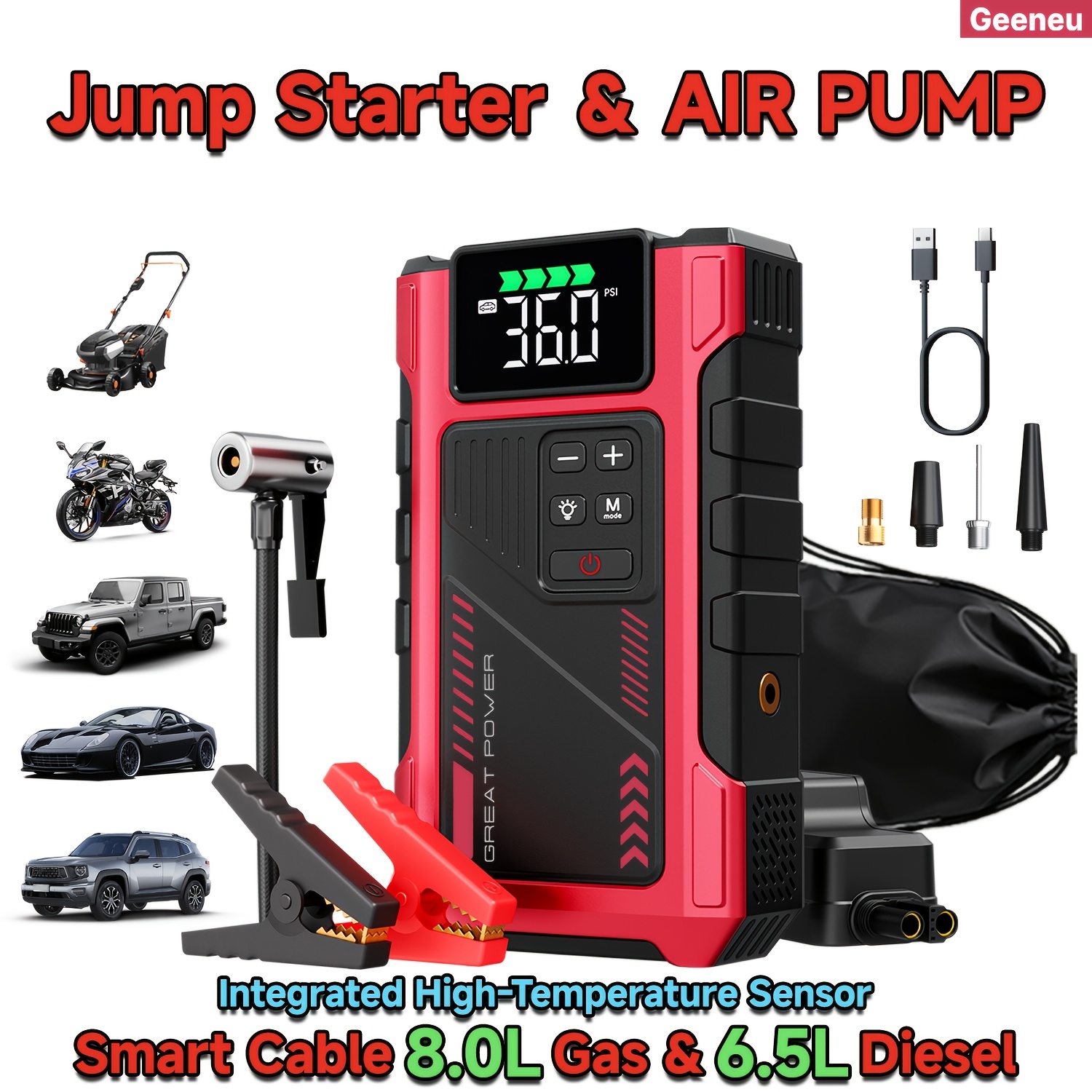 TEMU Jumper Starter For Car Car Jump Starter, Jump Starter With Air Compressor, Portable Jump Starter Jump Starter For Car, Jump Box For Car Battery,