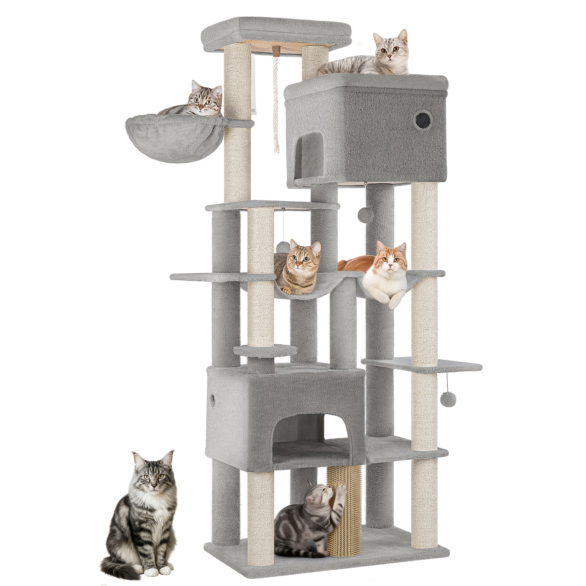 Cat Scratching Post 185cm With 10 Scratching Posts, 2 Caves, 2 Hammocks, Large Platform, Cat Brushes, Basket, Heavy Cat Tree For Maine Coon, Large Cats
