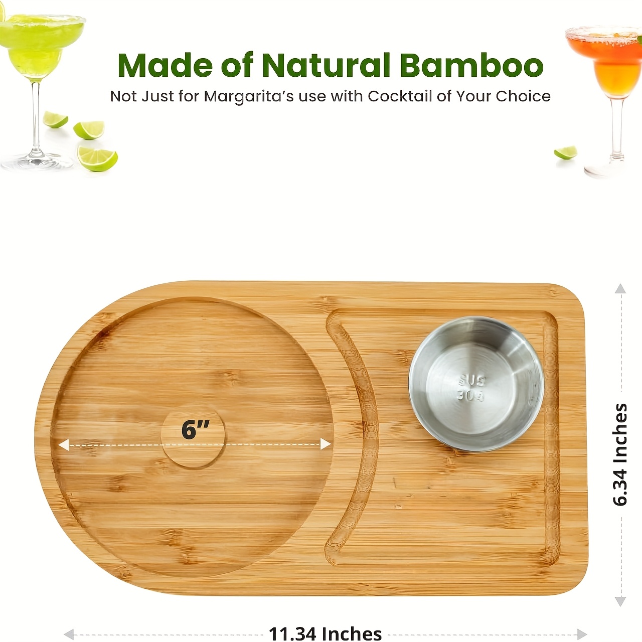 Set de Margaritas de Madera de Bambú, Adecuado para Aros de hasta 15.24 cm, Incluye un Cuenco y Espacio para Aderezos de Margarita, Perfecto para Azúcar de Cóctel