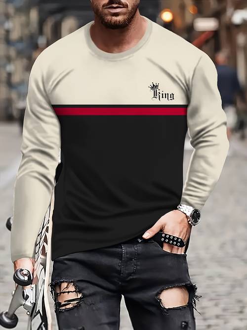 mens casual long sleeve t shirt with 3d print alphabet pattern round neck soft and comfortable for spring and autumn outdoor wear streetwear fashion