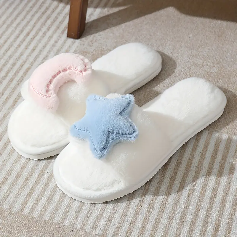 Cozy Women'S Plush Slippers with Cute Cartoon Stars and Moon Design Soft Fabric, Non-Slip EVA Sole, Open-Toe House Slippers for Indoor Fall and