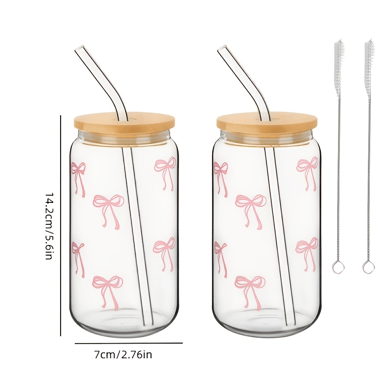 TEMU 2pcs 16oz Glass Tumblers With Bamboo Lids, Straws And Straw Brushes, Transparent Drinking Cups For Iced Coffee, Tea, Smoothies, Juice, Office &