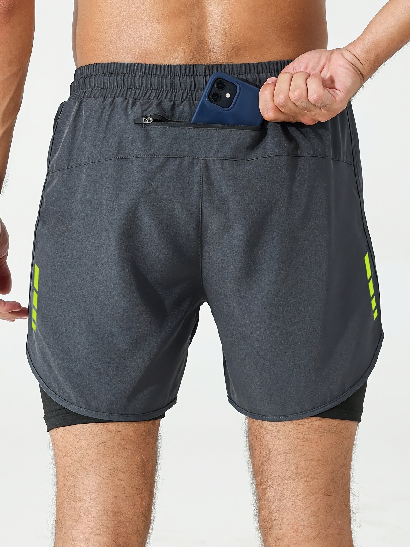 mens 2 in 1 running and fitness shorts with a zippered back pocket