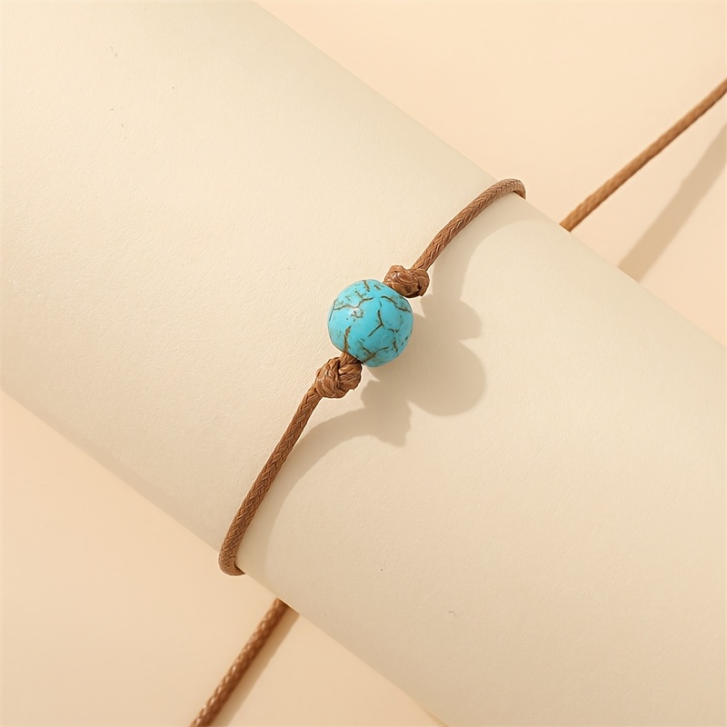 Men's Turquoise Beaded Bracelet Rustic Brown Cord Stone Adjustable Knot