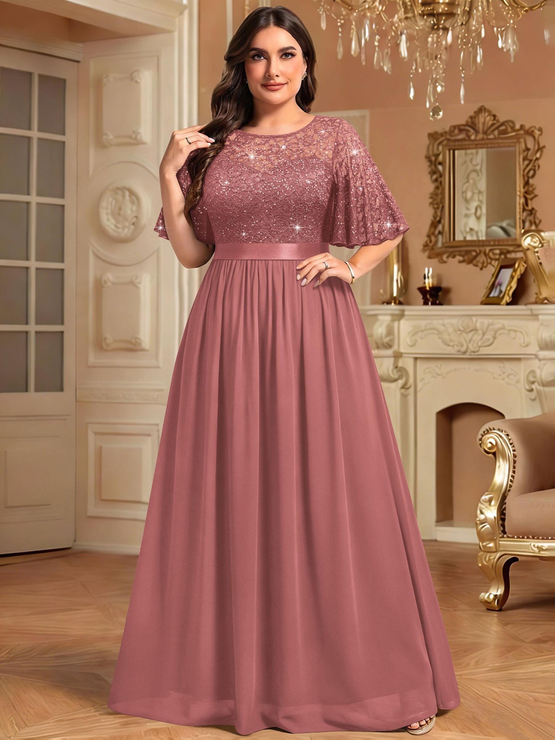 plus size sequin bridesmaid dresses - plus size - p54350a elegant plus size lace dress, v-neck, flutter sleeves, chiffon hem, formal events, weddings, parties | Great Deals flattering chubby plus size bridesmaid dresses