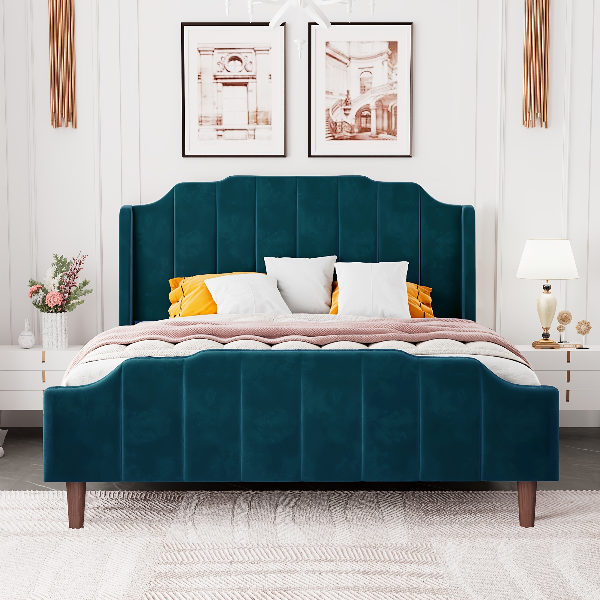 

Hoomic Queen Size Upholstered Platform Bed With Curved Velvet Wingback Headboard And Footboard, Solid Wood, No Box Spring Needed, Easy Assembly