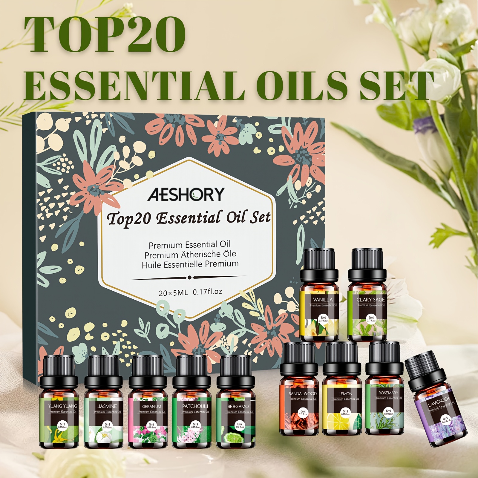E-shop 20x5ML Ätherische Öle Set, Premium Duftöle Aromaöl für Diffuser, Luftbefeuchter, Raumduft, , Lufterfrischer, Parfüms - Patchouli, , Vanille,