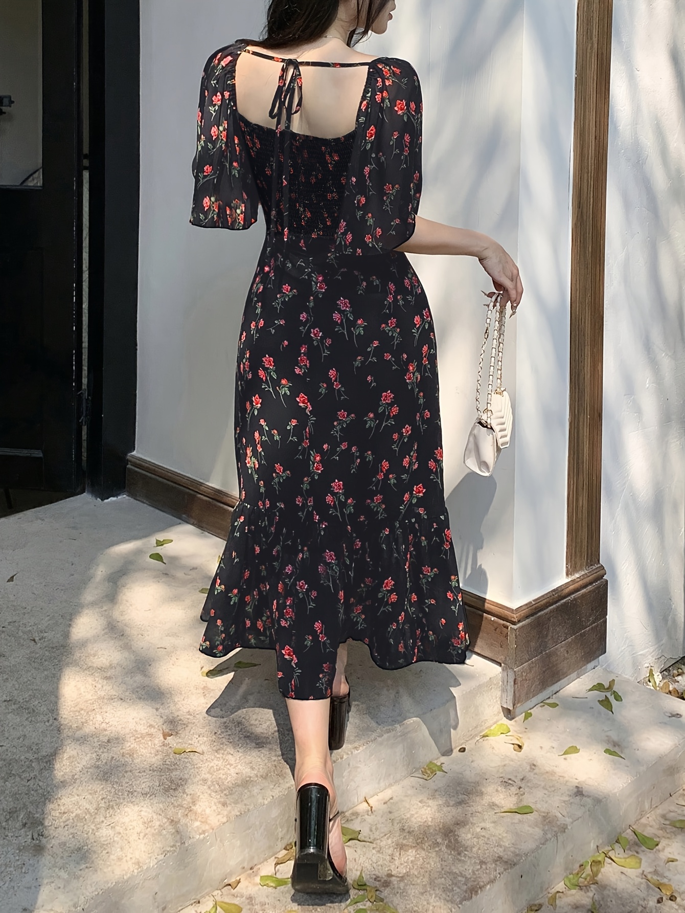 women's floral dress black floral print tie Temu Mauritius