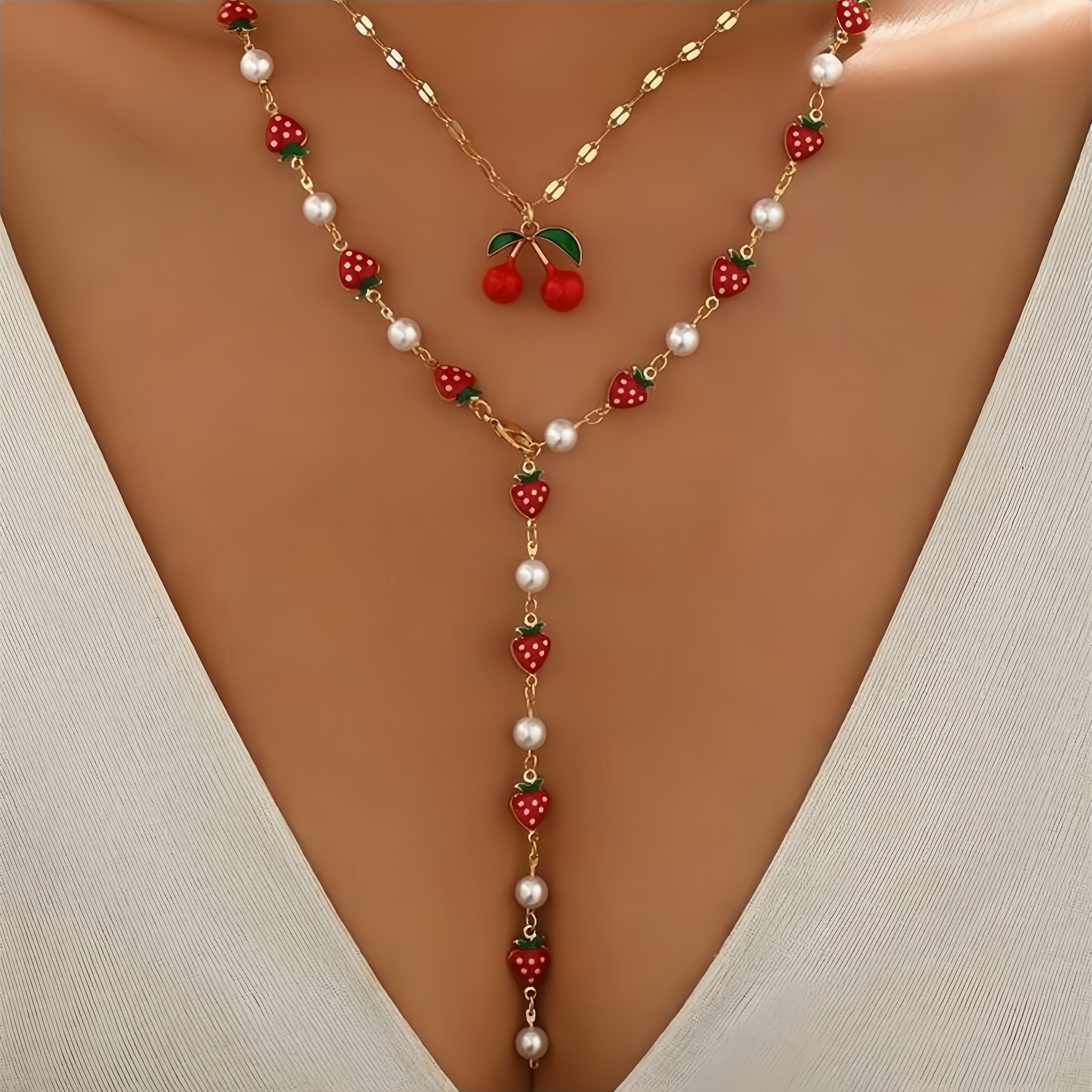 Image of A Set Of 2 Stylish Women's Pendant Necklaces Featuring An Design With Strawberry-like Pearls And Cherry Pendants, Casual Wear And As A Holiday Gift