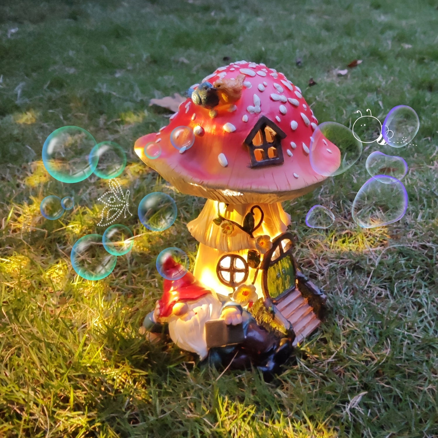 TEMU 11.5" Tall Solar Mushroom Fairy House With Sleeping Gnome Outdoor Statues With Lamp - Ip44 Garden Decor Gnome Statue For Patio, Balcony, Yard,