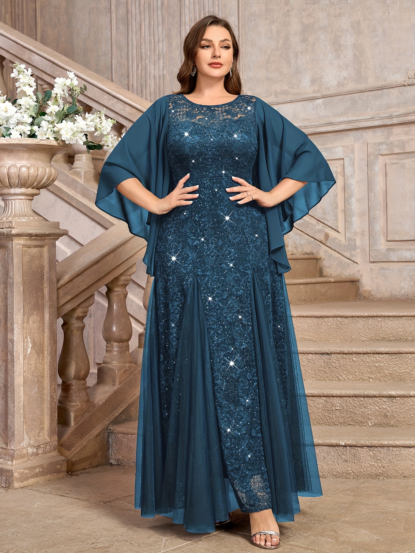 plus size p84132a elegant plus size sequin lace dress round - Temu