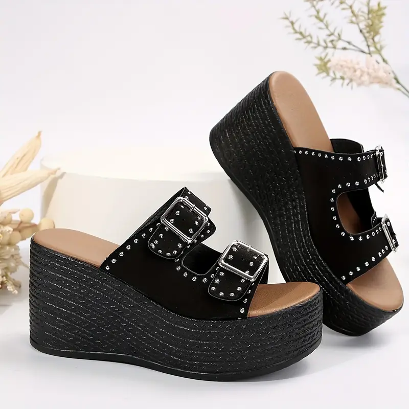 womens double buckle bands sandals platform studded slip on walking shoes vacation shoes details 1