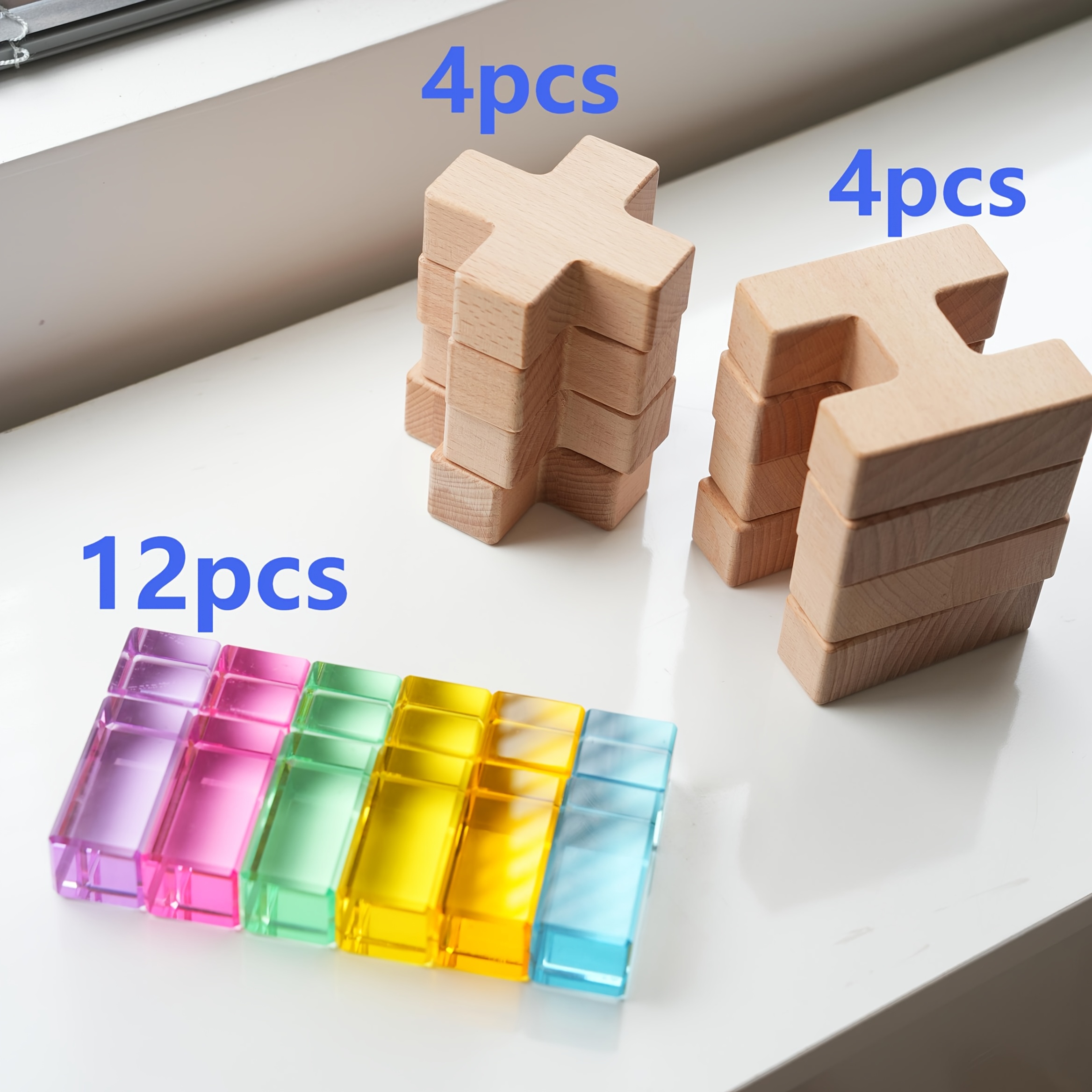 Image of 20pcs Mixed Wooden Block Set (includes 4pcs H-shaped Wooden Blocks, 4pcs Cross-shaped Wooden Blocks, 12pcs High- Colored Acrylic) Light And , Educational Toys