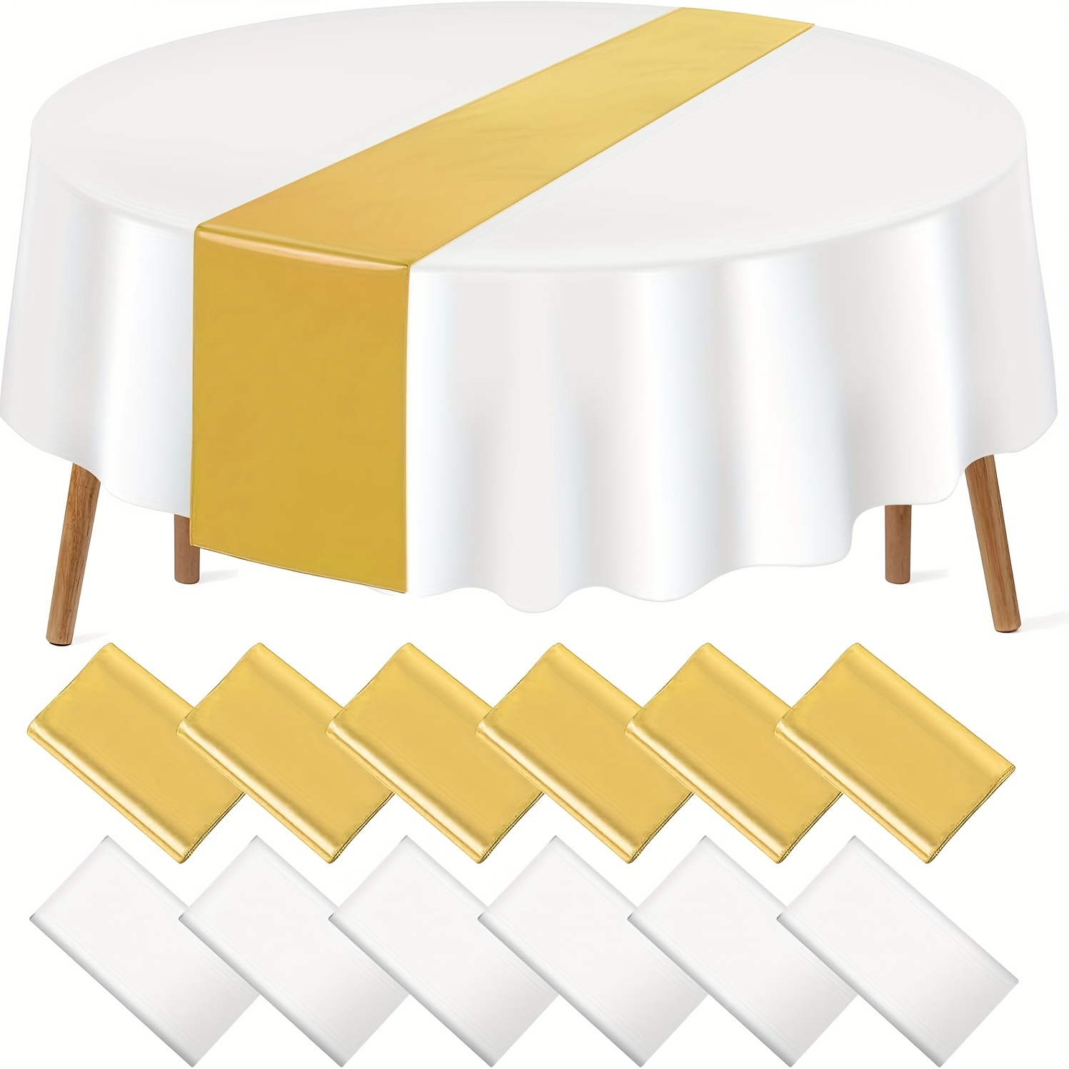 TEMU 10 Pack 12x108 Inch Table Runner And 84 Inch Round Plastic Tablecloths Set White And Golden Disposable Round Table Cover For New Year Graduation