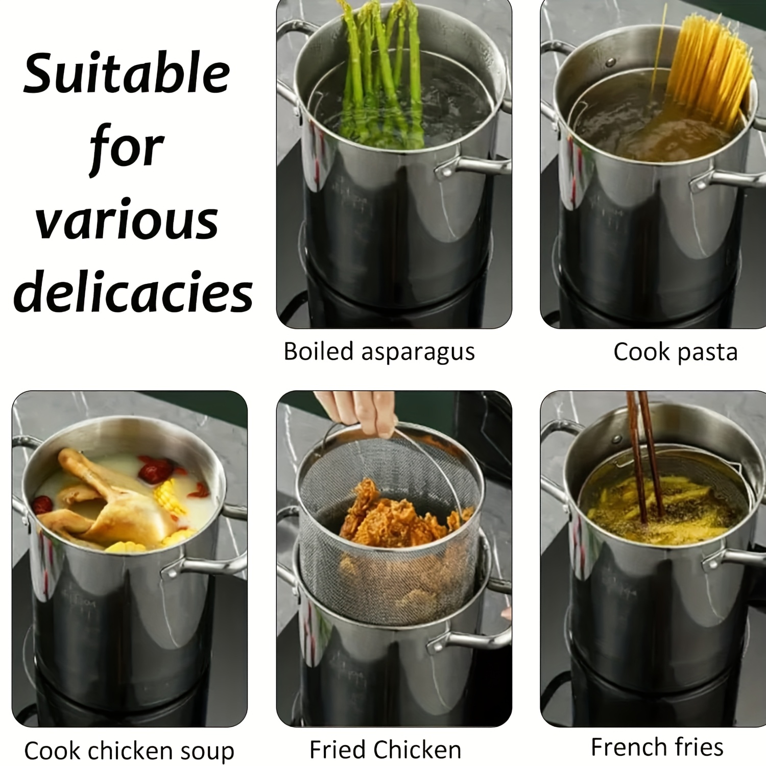 3pcs stainless steel deep fryer set with lid basket splash proof detachable filter for oil saving cooking compatible with gas induction stoves essential kitchen cookware Product details 6