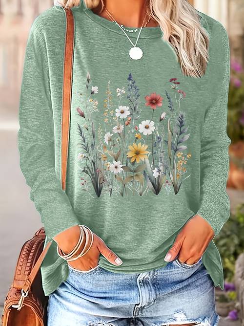 2025 spring and autumn new style positioning floral print round neck long sleeved loose top base t shirt machine washable suitable for spring and autumn daily wear and