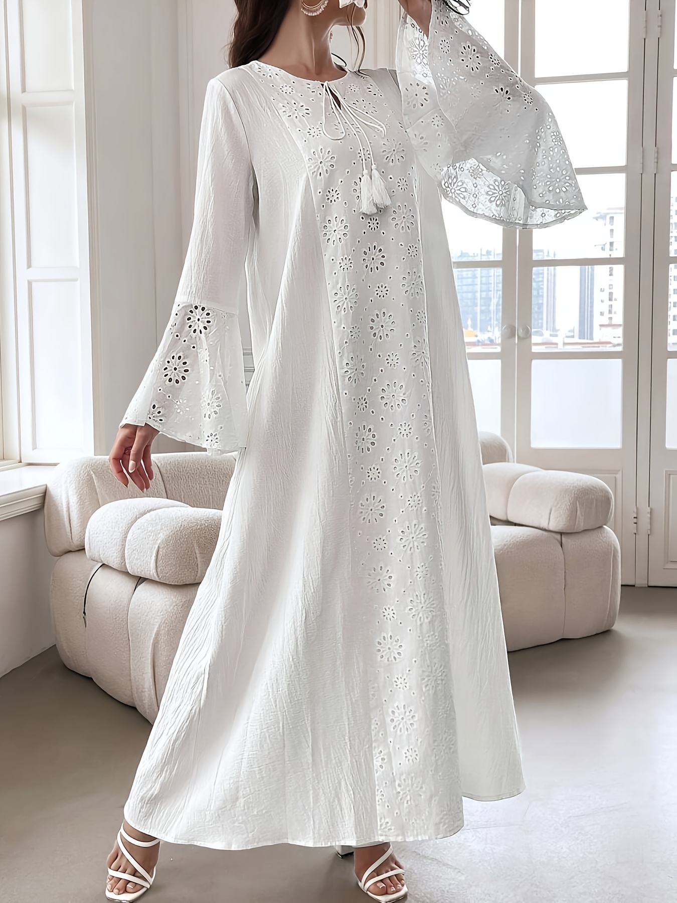 summer embroidered slit long sleeve kaftan dress elegant