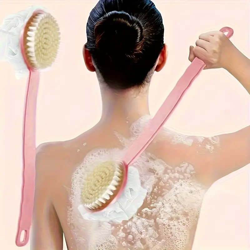 1pc long handle shower brush with double sided mesh exfoliating scrubber light beige essential bathroom shower accessory Product details 1