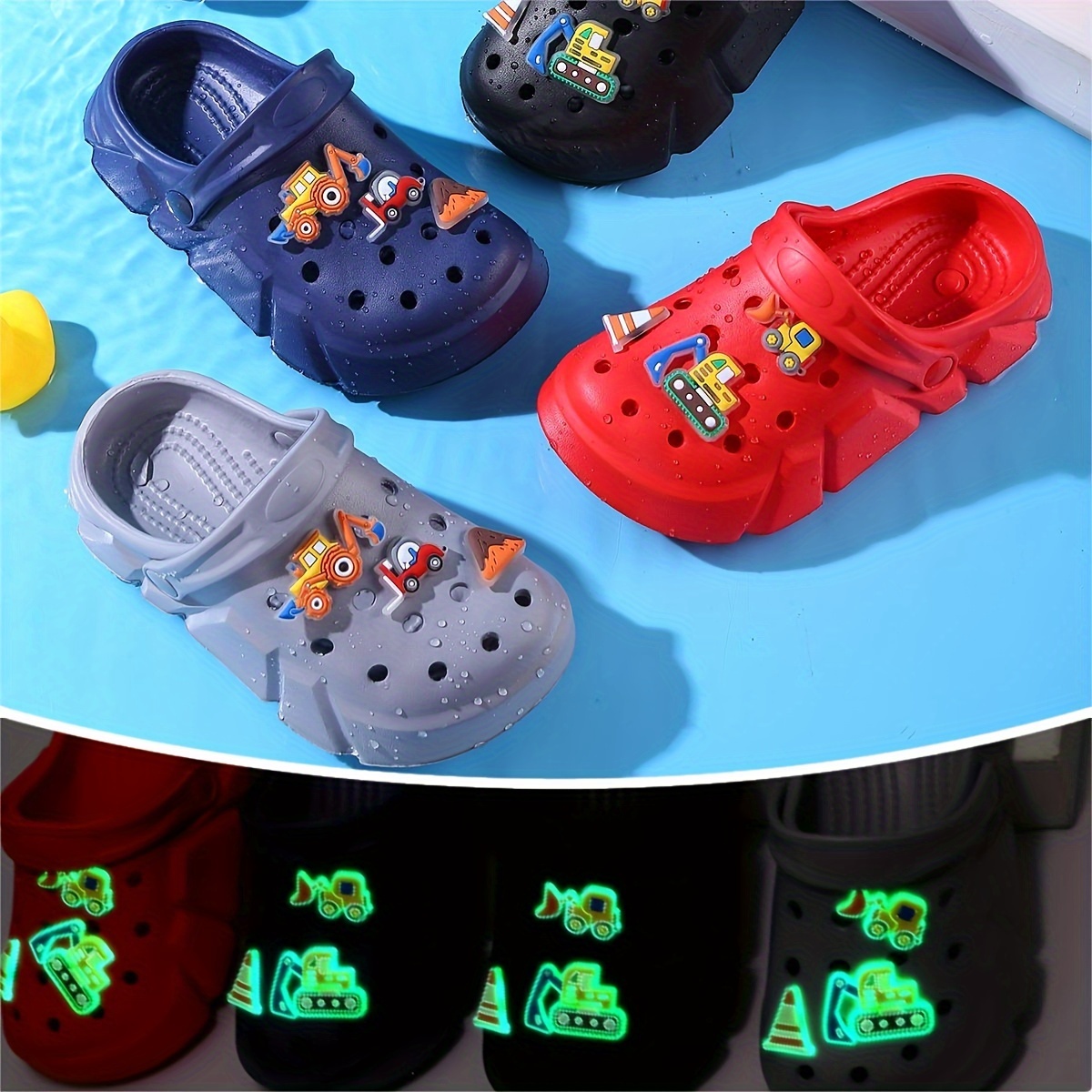 

Casual Breathable Clogs With 6pcs Cartoon Excavator Charms For Boys, Quick Drying Lightweight Anti Slip Clogs For Indoor Outdoor Shower Beach Pool, All Seasons
