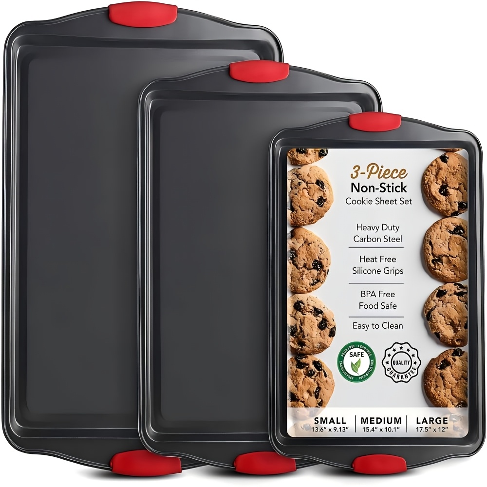 set of 3 carbon steel non stick baking pans additions for   suitable for commercial use double sided non stick end elegant design with red silicone handle safe for oven use professional kitchen tools