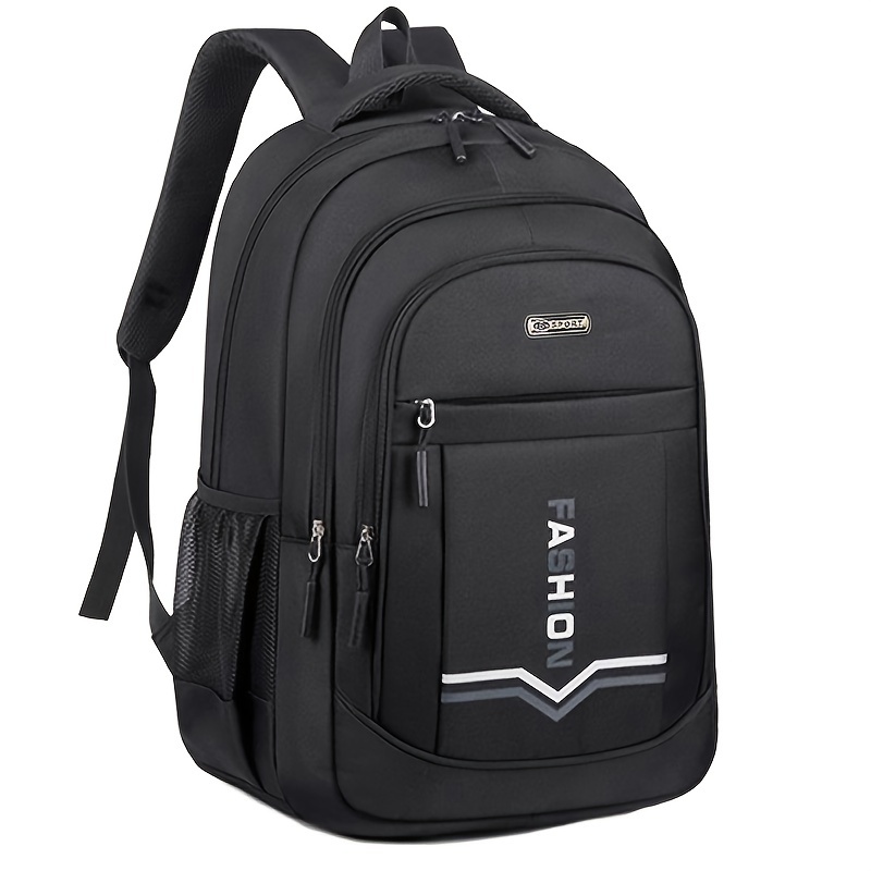 TEMU Men's Large Capacity Nylon Backpack - Stylish Black Travel & School Bag With Adjustable Straps, Versatile And Lightweight For College Students