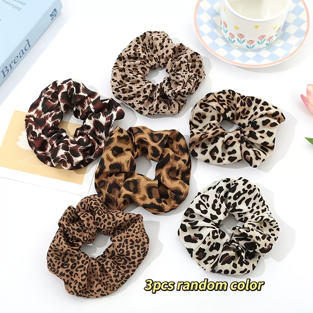 3pcs Random Color Leopard Print Hair Tie Set - Retro Bohemian Style Women's Elastic Hair Band, Strong Fixed Ponytail Hair Tie