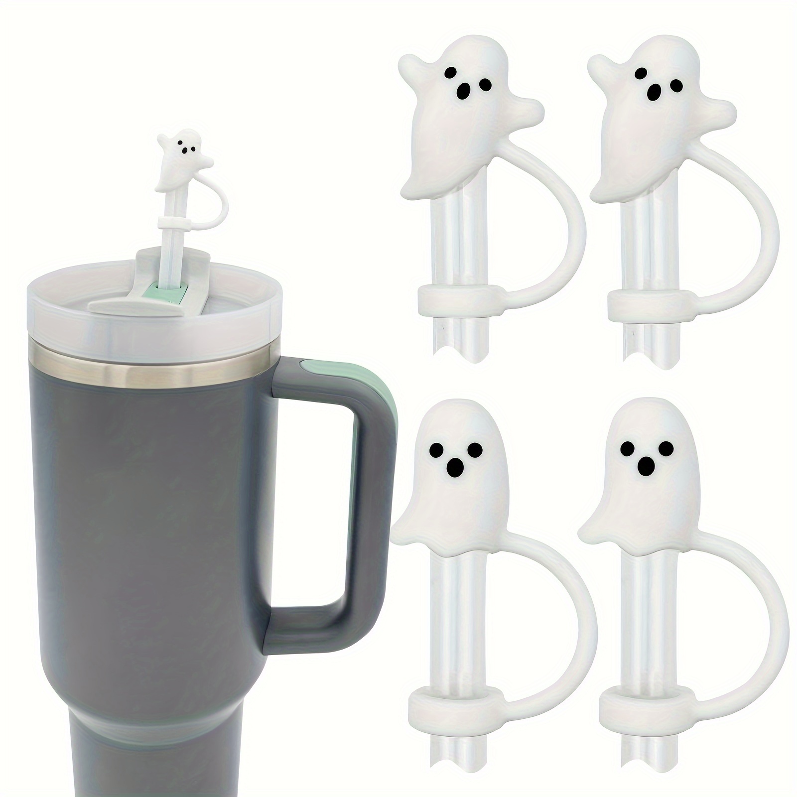 

4-piece Cute Ghost Silicone Straw Covers For Stanley Cups 30/40oz - Reusable Drinking Straw Toppers, Includes 2 Styles, Perfect Halloween Gift & Fun Tumbler Accessory