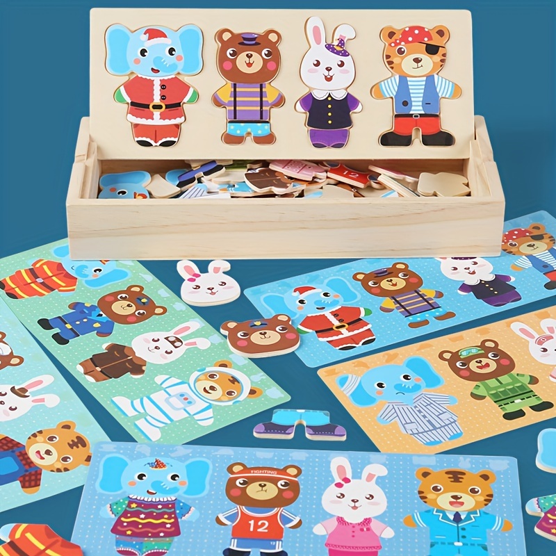 

Cartoon Wooden Animal Dress Up Puzzle Toy, Wooden Box Creative Cute Bear Children's Educational Building Blocks Toy Set