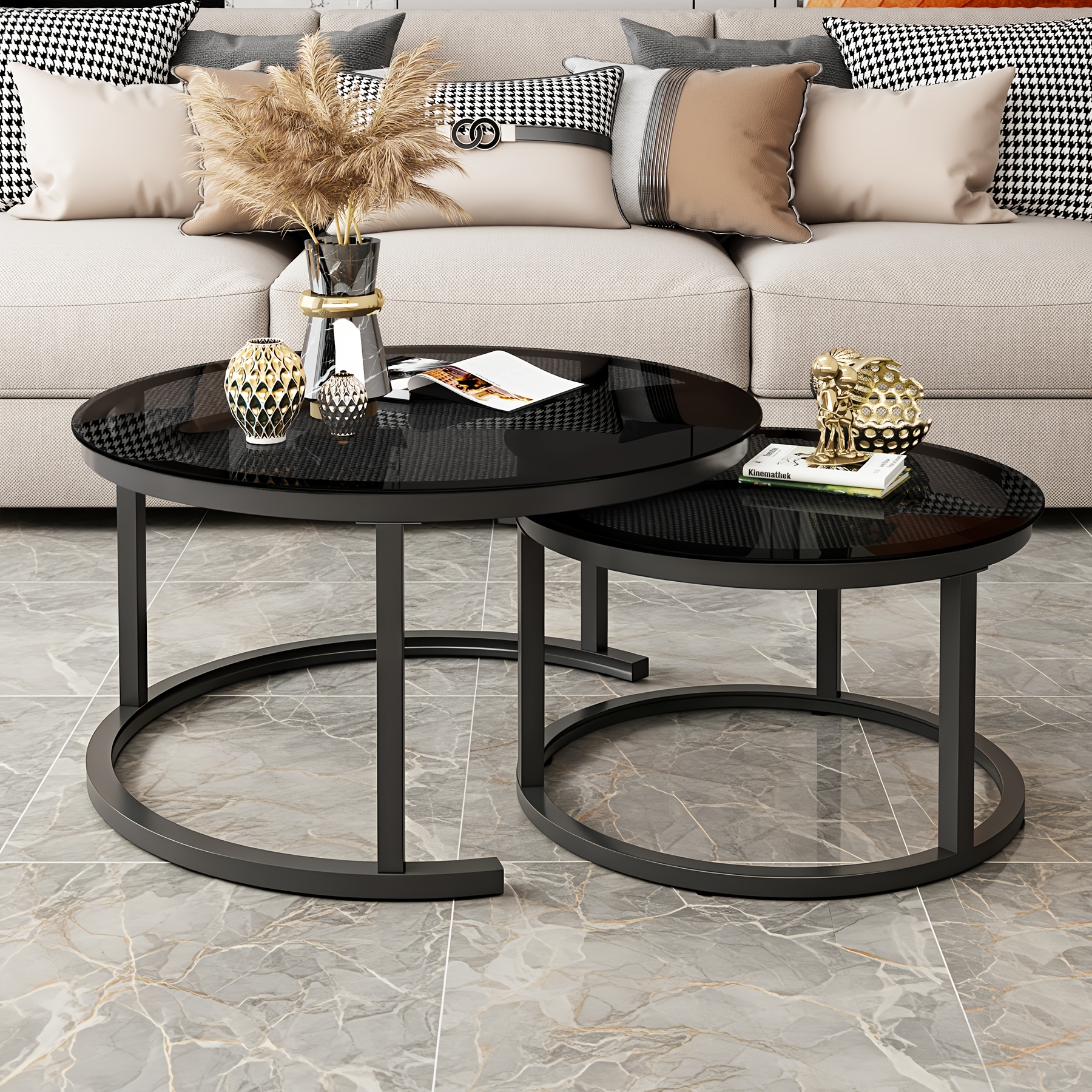 2pcs Round/square Side Table Set, Glass Coffee Table With Metal Frame, Round Side Table 2-tier Coffee Table With Storage Space Metal Frame, Modern Coffee Tables For Living Room, Bedroom