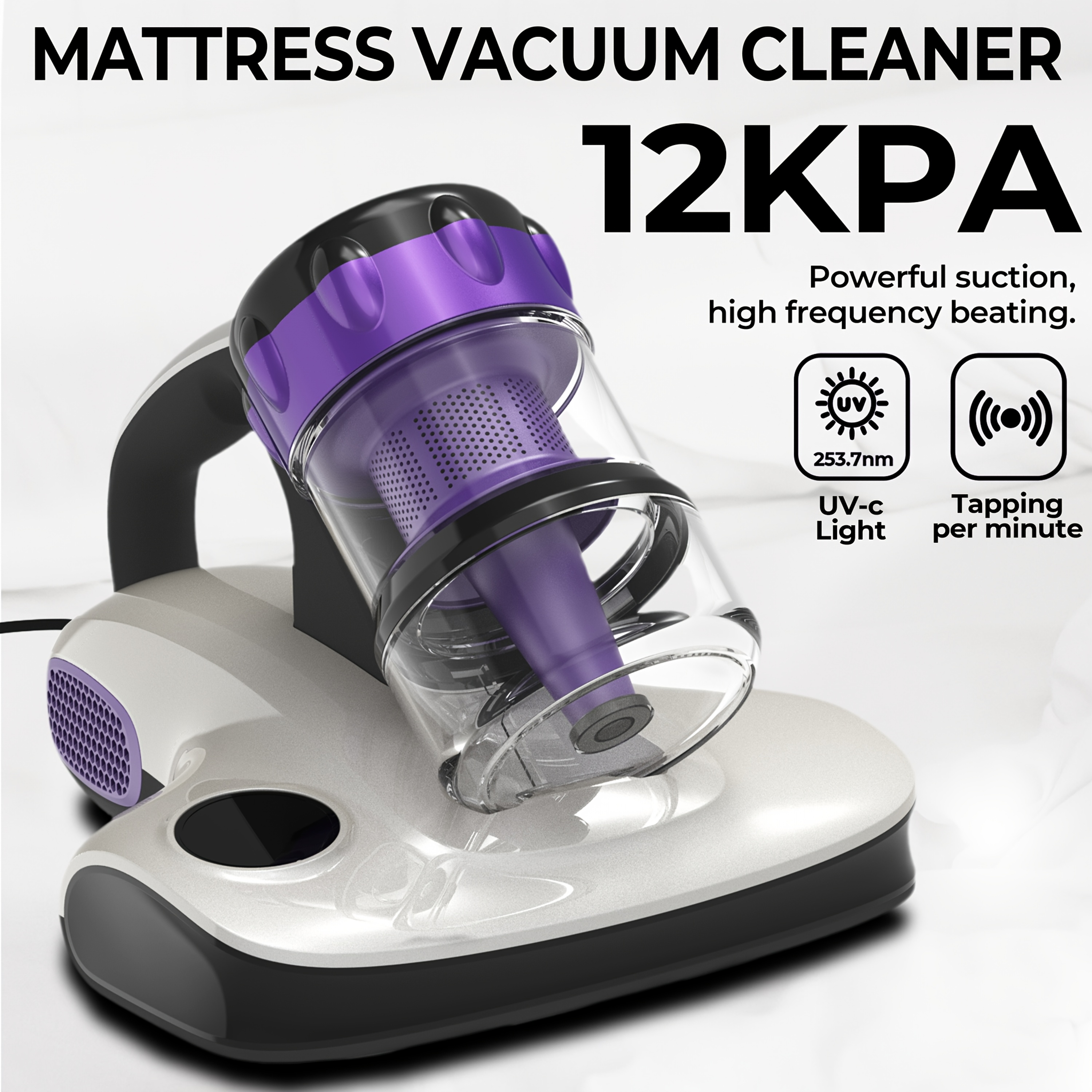 Mattress Vacuum Cleaner Cordless Bed Vacuum With 16Kpa Suction 253.7nm UV-C Light, Ultrasonic Technology, HEPA Filtration, Built-in 4*2500