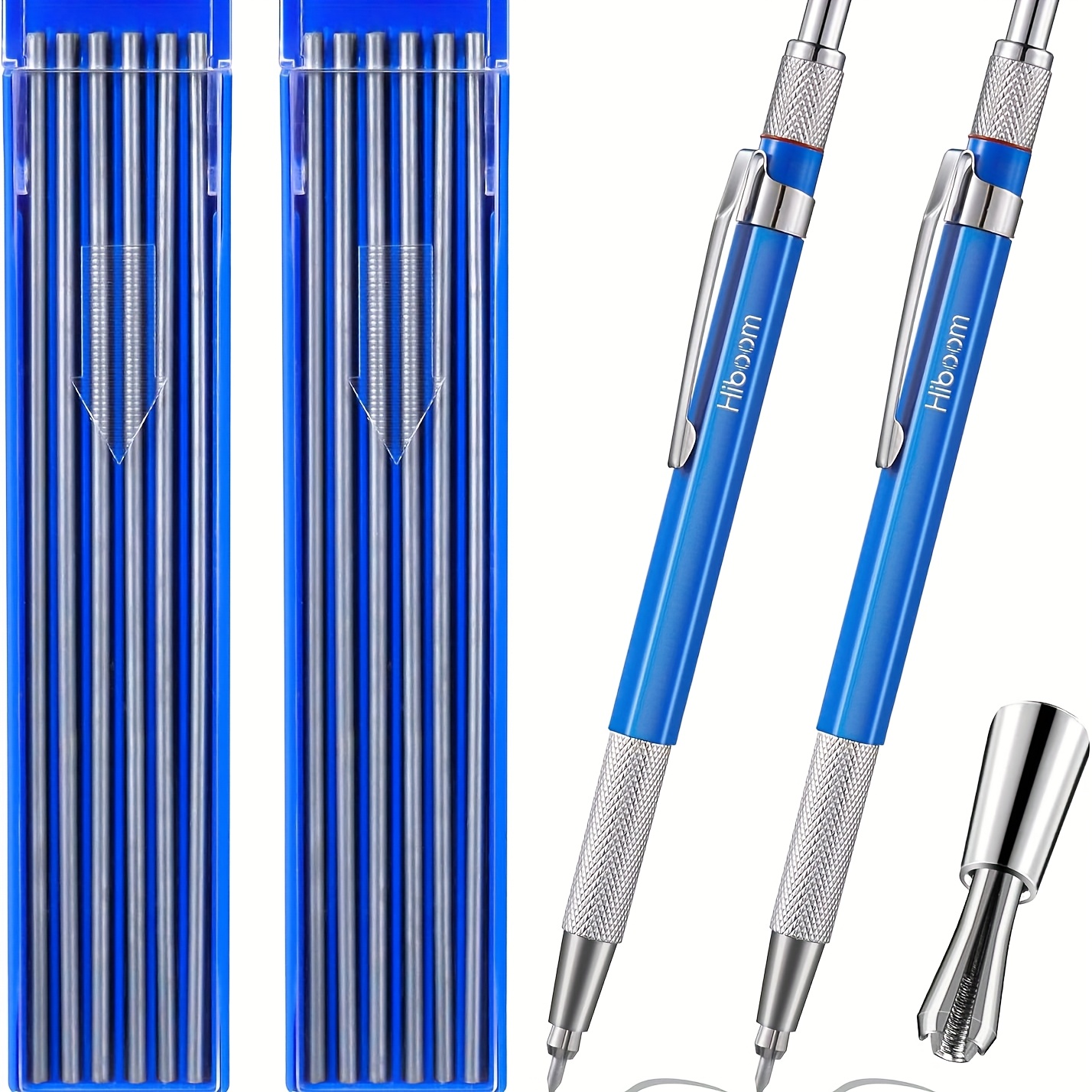 TEMU 2pcs Welders Pencil With 24pcs Silver Round Refills, Mechanical Pencils Metal Marker With Built In Sharpener For Pipe Welder Steel Construction