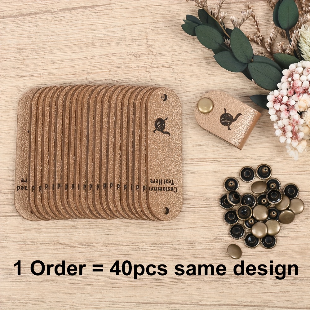 TEMU Set Of 40 Personalized Synthetic Faux Leather Name Tags Featuring A Yarn Ball Design, Complete With 40 Sets Of Rivets Suitable For Jeans, Bags,