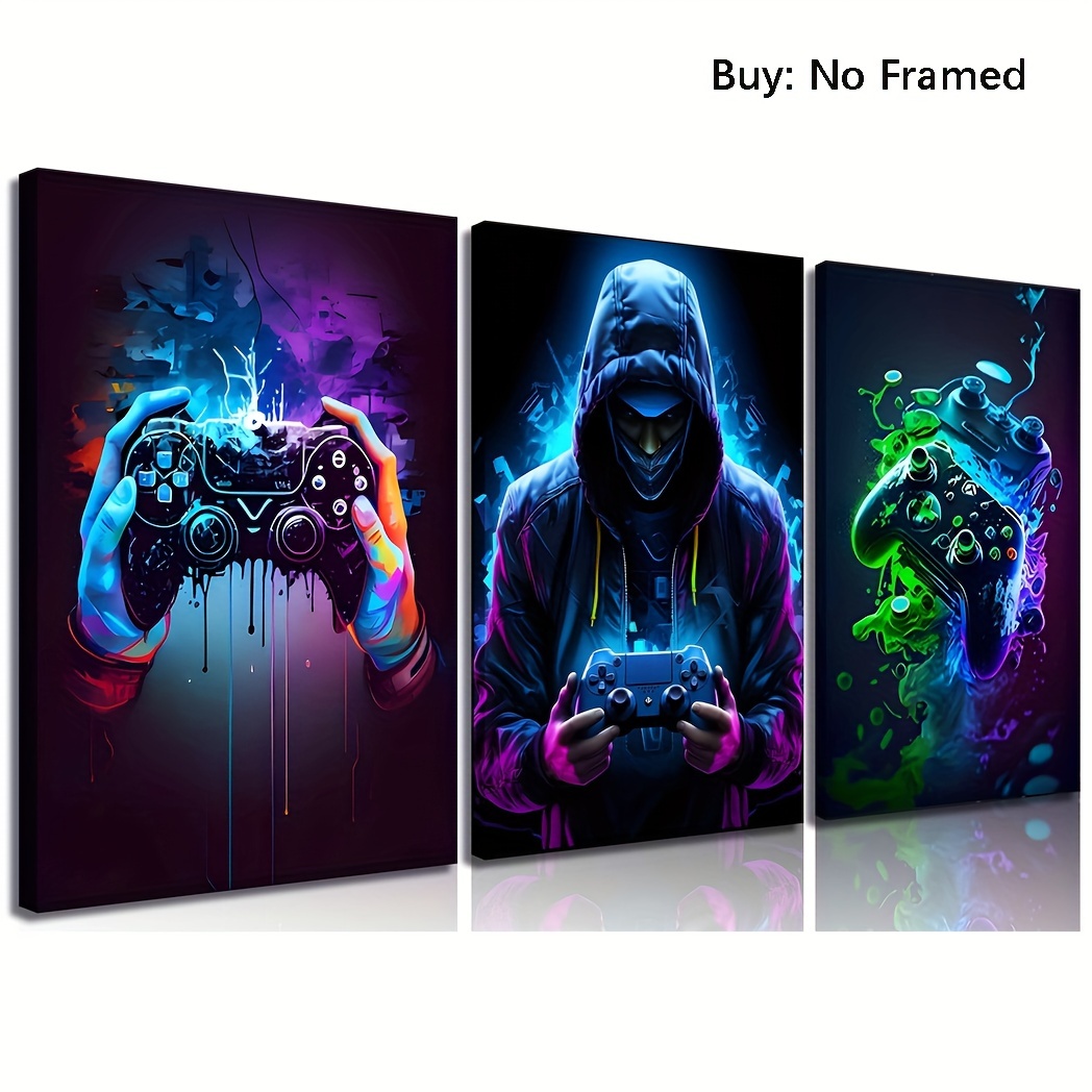 

3pcs Retro Gaming Canvas Art Set - Colorful Neon Gamepad Watercolor Posters, Unframed Wall Decor For Boys' Room & Game Area