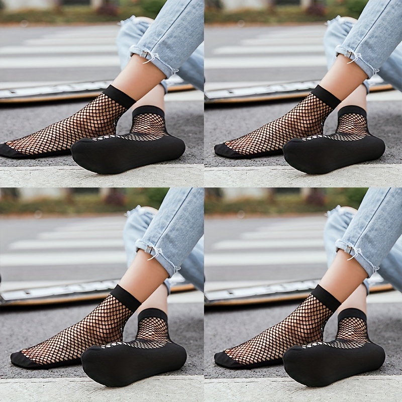 E-shop 4er-Pack Koreanische/Japanische Harajuku Fischnetz-Socken - Kurze/Mittellange Mesh-Strumpfhosen in Uni-Farben, geeignet für Uniformen,