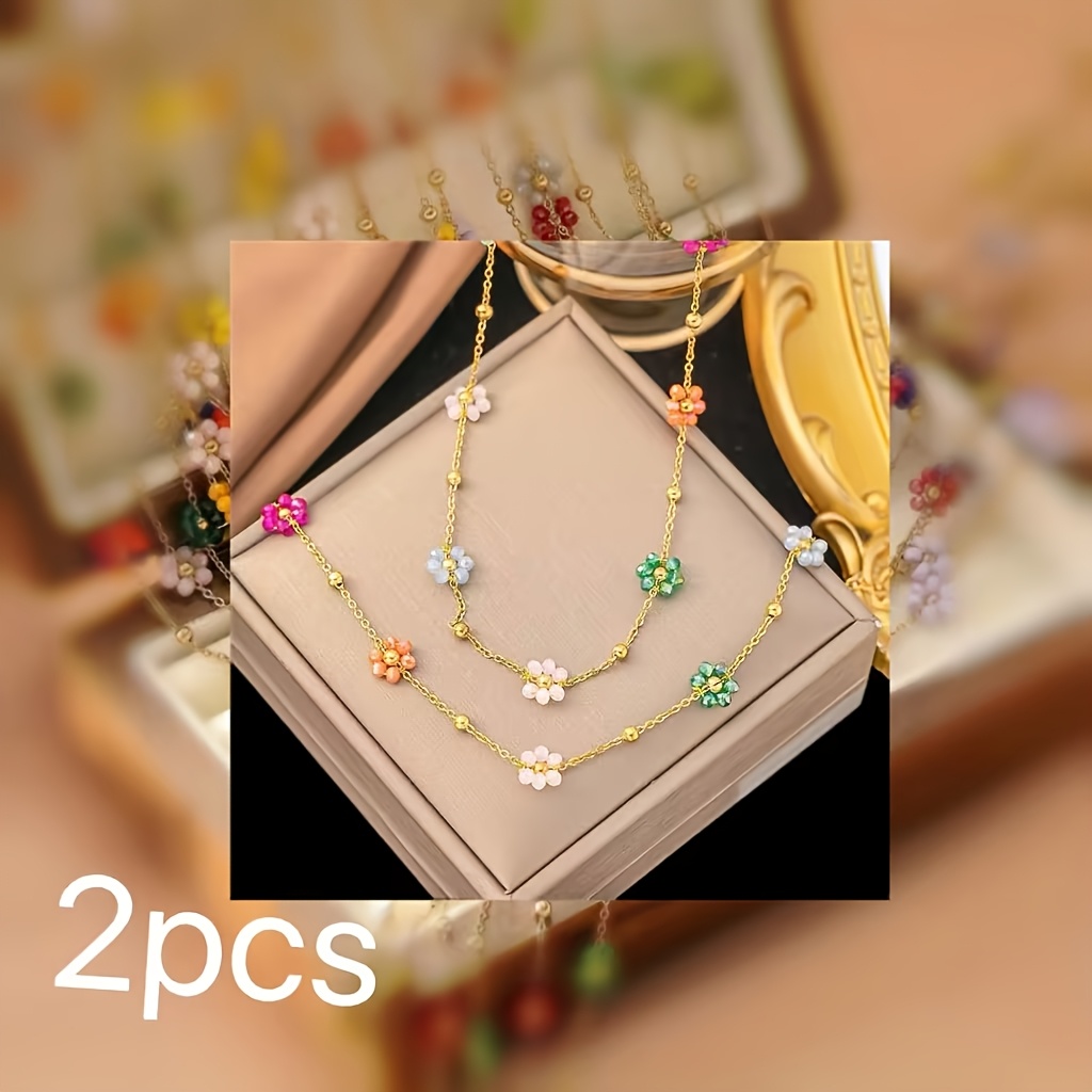 E-shop 2-teiliges Schmuckset im Boho-Urlaubsstil, 18K vergoldeter Edelstahl mit bunten Blütenperlen, inklusive Halskette Armband, für den oder als
