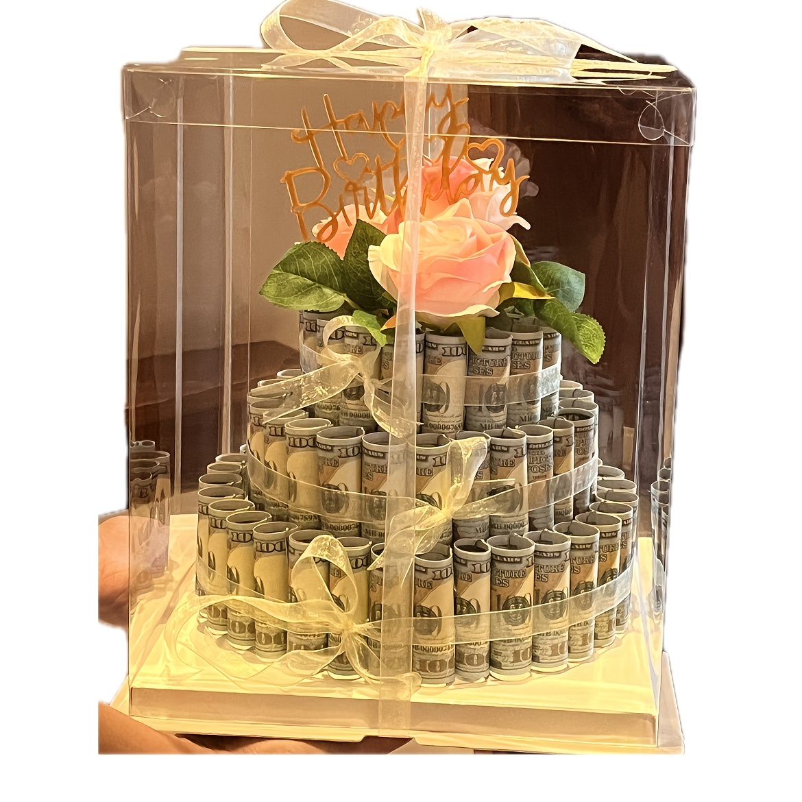 DIY 3-Tier Cash Cake Gift Box/Transparent Plastic with Golden Ribbon & Floral Design/Fun Birthday Present for Her/Includes Gift Tag/Perfect for Special Occasions/Birthday Gift Box/Celebration Accessory/Elegant Presentation/Decorative Ribbon Accent