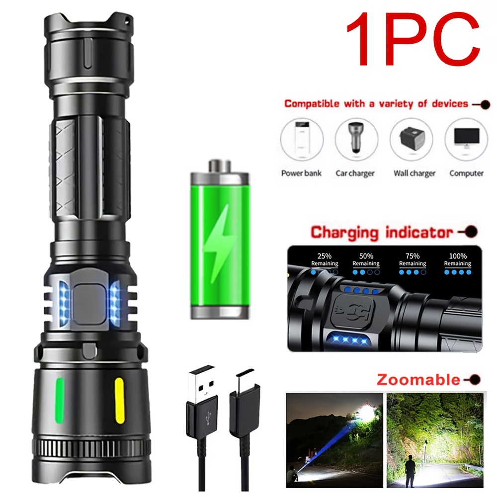 TEMU 1/2pcs Rechargeable Tactical Flashlight High , 4 Lighting Led Flashlight, Handheld Aluminum Alloy Flashlight, Ip65, Flashlight For Household