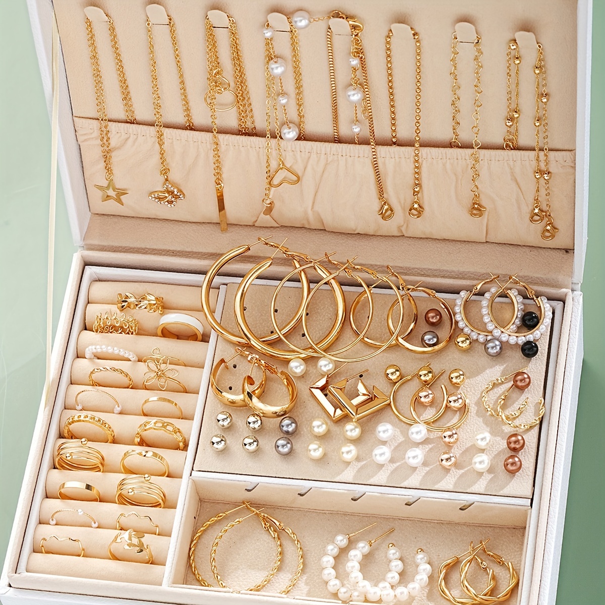 

91-piece Fashion Ladies Jewelry Set With Golden Hoop Earrings, Simple Studs, Vintage Floral Stackable Rings, Rhinestone Butterfly Pendants, Heart Charm Bracelets For Daily