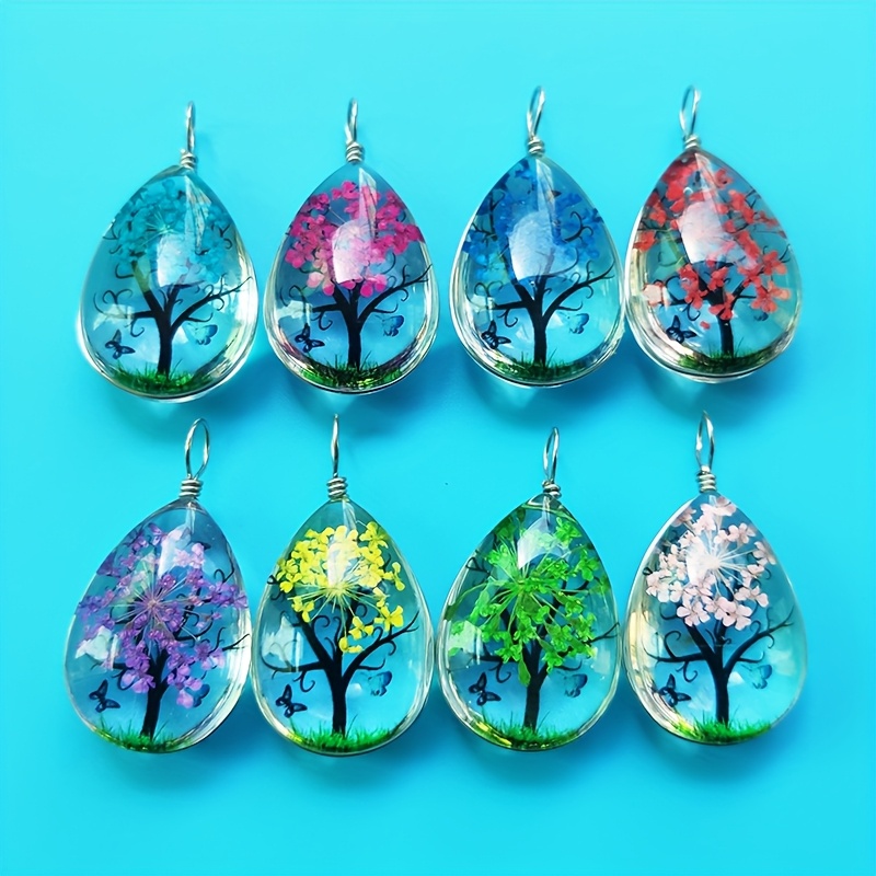 

16pcs Tree Of Life Pendants, Artificial Crystal Hand Drop Charms With Real Dry Flowers, Making Accessories For Necklaces And Bracelets