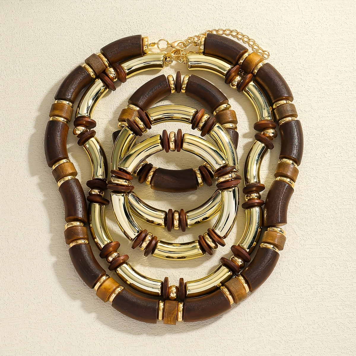 Vintage Boho Wooden Bangle & Necklace Set - Light Brown Tone