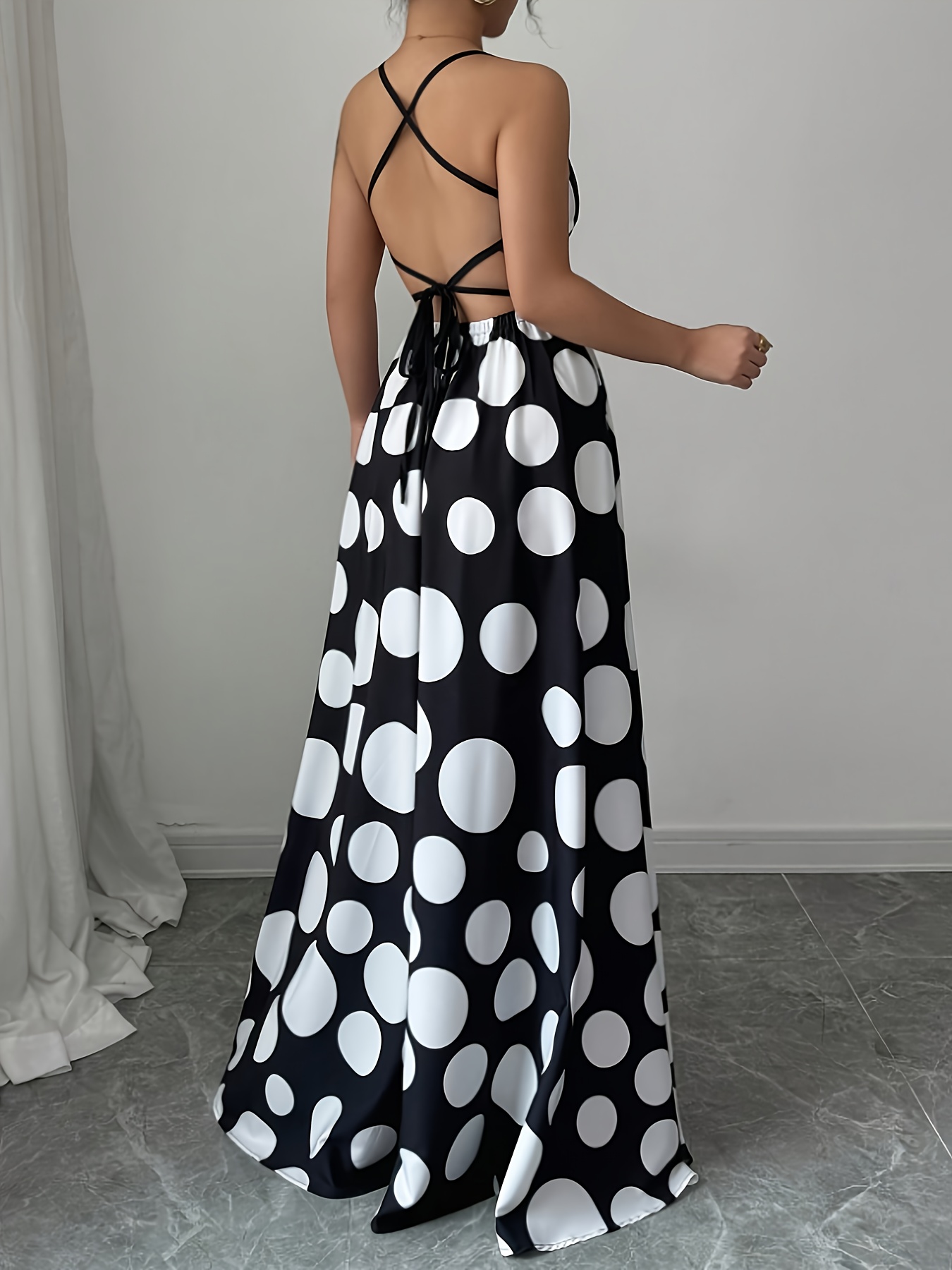 Women'S Black and White Polka Dot Maxi Dress with Spaghetti Straps and  Backless Design Vacation and Formal Events, Formal Attire|Backless - Main Image