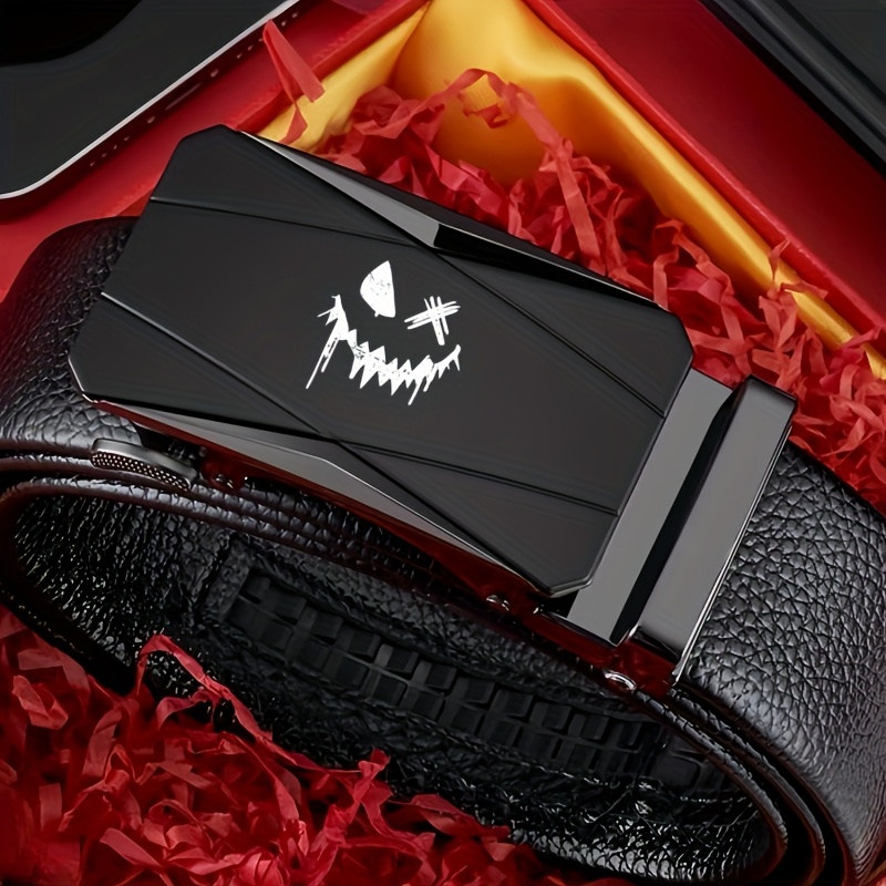 TEMU Fashionable Skull Face Pattern, Men's New Business Belt, High-end Automatic Buckle Waistband, Buckle Face, Ideal Gift