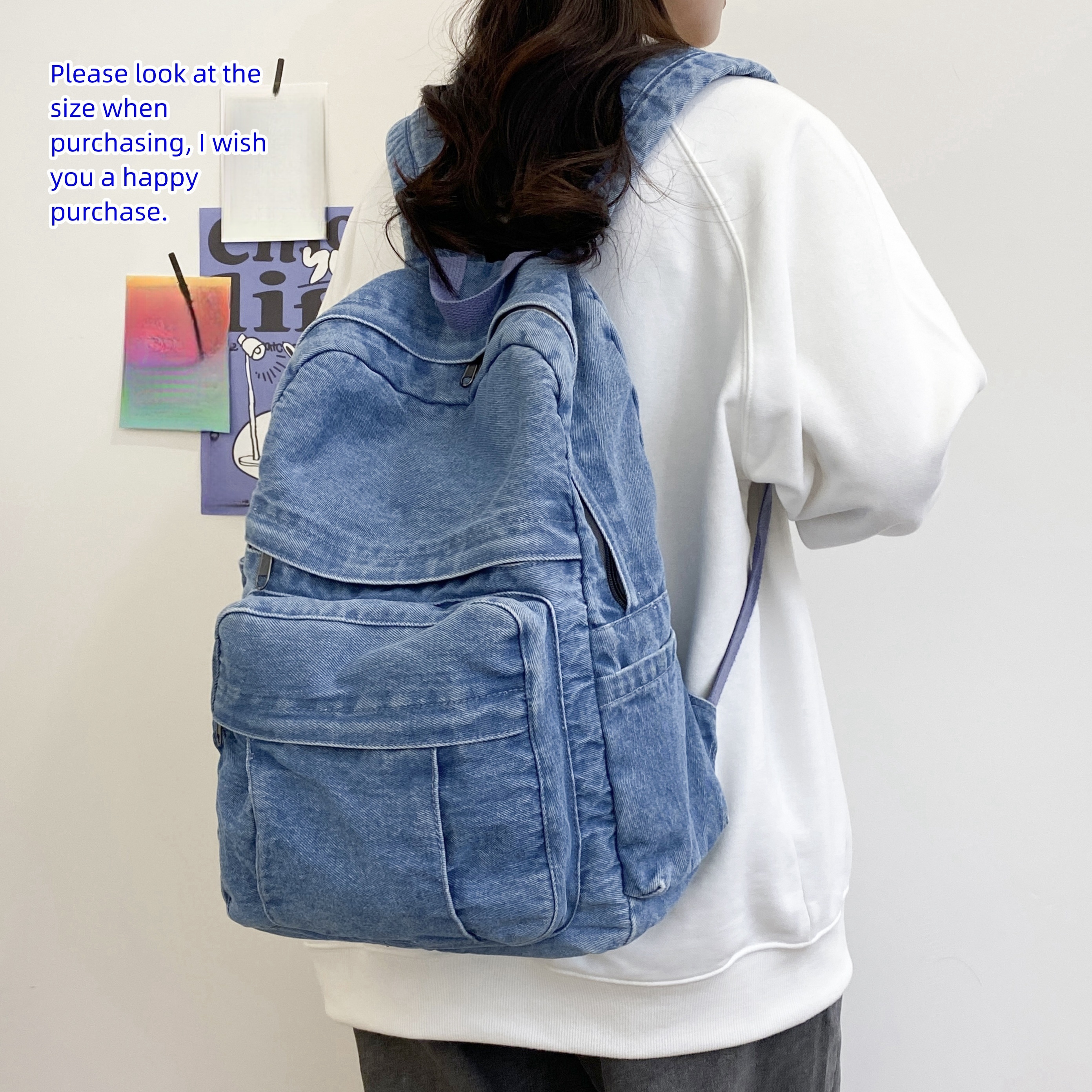 

Casual Denim Backpack For Women, Vintage Solid Color Daily Use Rucksack For School