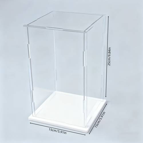 a transparent acrylic display case base in sizes features a contemporary style made of plastic material for action figures and collectibles ideal for and desk organization