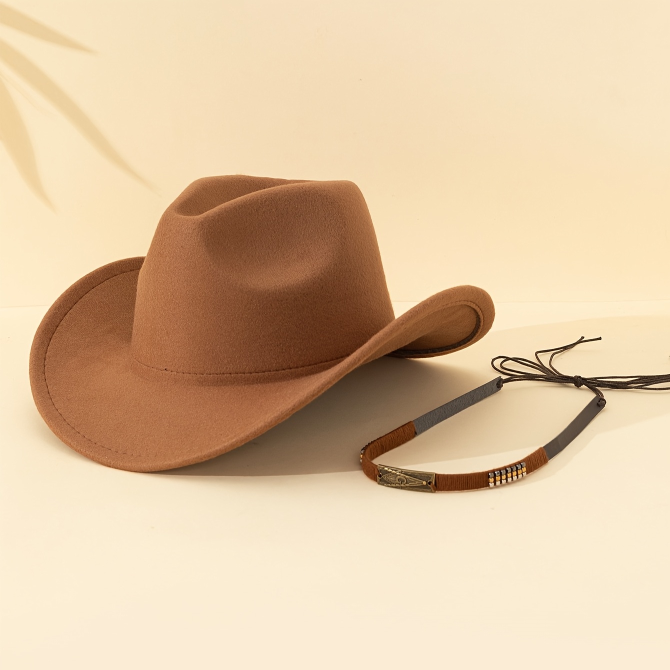Wide Brim Suede Cowboy Hat with Detachable Band - Adjustable